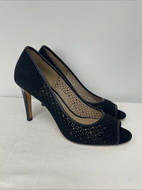 Tory Burch Black Laser-Cut Peep-Toe Pumps, Size 8.5